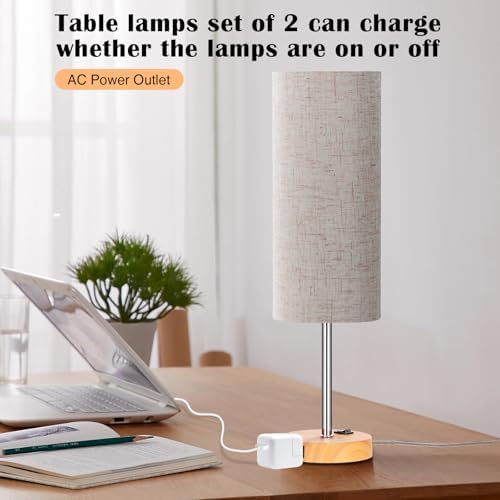 ZJOJO Table Lamp for Bedroom 2 Pack,18in Bedside Lamps with 3 Way Dimmable Rocker Switch & AC Outlet,Nightstand Desk Lamp with Flaxen Fabric Shade Woodgrain Base for Living Room Home Decor Lights