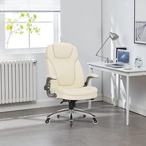 COLAMY Ivory Leather High Back Executive Office Chair Set of 2, Ergonomic Desk Chair with Flip-up Arms, Thick Cushion, Silent Nylon Wheels, Adjustable Height & Rocking Function, 300lbs Capacity