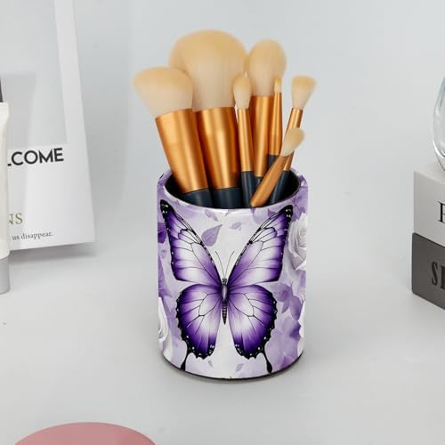 Butterfly Rose Purple Pen Holder Pencil Organizer Cute Pencil Cup Desk Decor Makeup Brush Holder PU Multifunctional Office Supplies for Home Classroom School