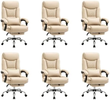 Ergonomic Office Chair Executive PU Leather High Back Office Chair, 400lbs Heavy Duty Reclining Desk Chair with Footrest, Adjustable Lumbar Support, Padded Armrests,Khaki,6 Pack