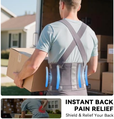 Work Back Brace for Men & Women, Adjustable Lower Back Support Belt for Sciatica, Herniated Disc, Pain Relief, Moving Construction Warehouse Heavy Lifting Safety & Protection (Grey, Large)