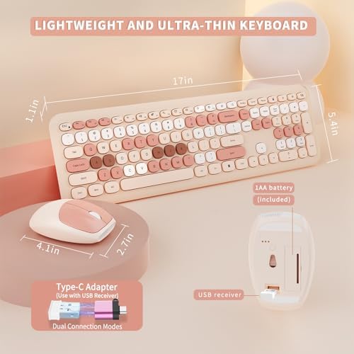SkyGive Wireless Keyboard and Mouse Combo, Colorful Ergonomic Full Size Retro Low-Noise Keyboard with Cute Keycaps, Neutral Brown Keyboard, Compatible with Windows, PC, Perfect for Home and Office