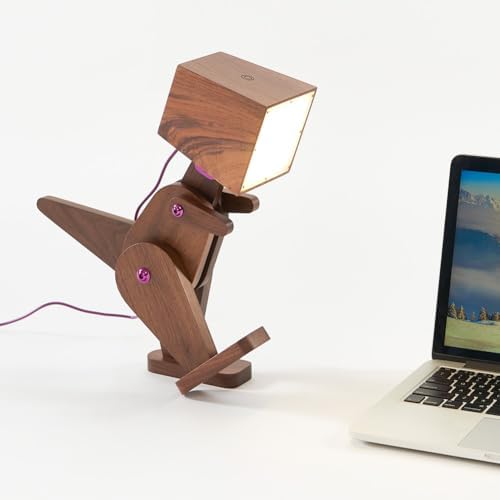Cute Cool Wood Dinosaur Table Lamp Reading, Walnut Black