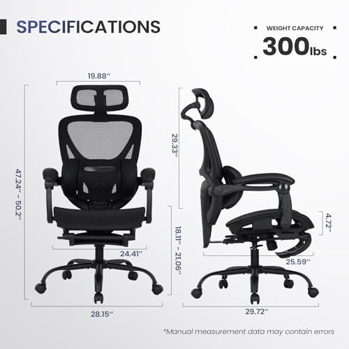 MALOL Ergonomic Mesh Office Chair with Footrest, Executive High Back Computer Desk Chair with 3D Adjustable Headrest & 5-Level Lumbar Support, Reclining Tilt Lock, 3D Arms, 300LBS Capacity, Black