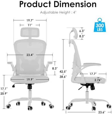 Farini Ergonomic Office Chair, Home Office Desk Chair with Headrest, High Back Swivel Computer Chair with Armrests and Adjustable Lumbar Support for Home Office Study Room, White & White