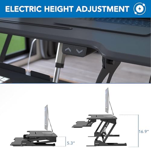 Mount-It! Electric Standing Desk Converter with 38" Tabletop, Height Adjustable Sit Stand Desk Riser, Motorized Desk Riser with Keyboard Tray and Device Slot, Fits Monitor & Laptop, Black