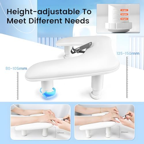 JODSONE U-Shaped White Manicure Arm Rest for Nails Tech with Rotating 360°Built-In Phone Holder and Adjustable Nail Arm Rest Detachable Manicure Hand Rest for Salon Design