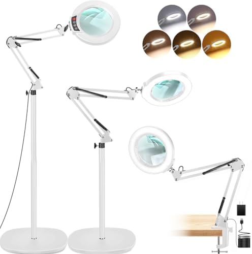 LANCOSC 15X Magnifying Glass with Light and Stand, 3-in-1 Adjustable Swing Floor Lamp, 5 Color Modes Stepless Dimmable, LED Lighted Hands Free Magnifier & Clamp for Reading, Crafts, Painting - White