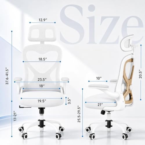 Ergonomic Office Chair for Long Hours and Back Pain Relief, Space-Saving Design with Adjustable Lumbar Support, Flip-Up Arms, 3D Headrest, Tilt & Rock, 330 LBS, White/Gold