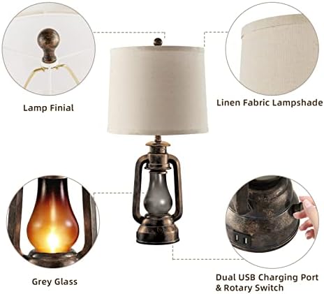 Farmhouse Lantern Table Lamps for Living Room Set of 2 with USB C+A