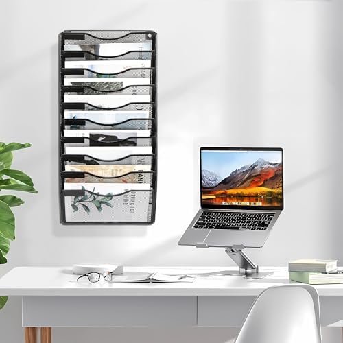 EasyPAG Wall File Organizer for Office 10 Pocket Mesh Wall Mounted Paper Organizer Hanging Folder Holder with Nametag Label for Home School, Black