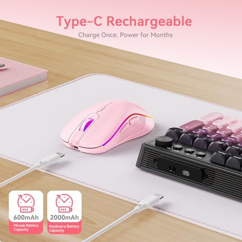Wireless Keyboard and Mouse Combo, RGB Backlit Rechargeable 2000 mAh Battery, Wireless Computer Keyboards, Tri-Mode Bluetooth/2.4GHz/USB-C Custom Creamy Keyboard, RGB Backlit Media Knob (White-Pink)