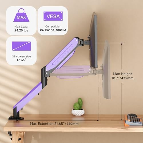 Suptek Monitor Mount Gas Spring Monitor Arm Desk Mount Fully Adjustable Fits 17-35 inch Monitors Weight Capacity up to 24.25 lbs, Black+Purple