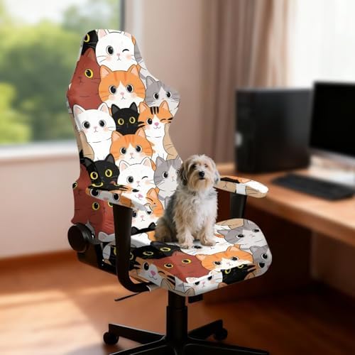 Cartoon Cats Print Gaming Chair Cover Stretchable 4 Piece Furniture Protector Non Slip Breathable Gaming Chair Slipcover with Armrest Covers