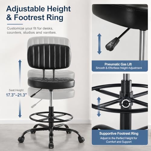 Simple Deluxe Tall Drafting Chair, Low Back PU Leather Standing Desk Chair with Footrest Ring, Swivel Rolling Stool for Studio, Lab, Counter and Small Spaces, Black