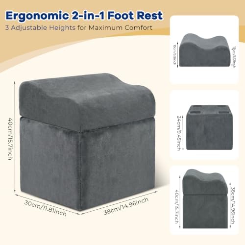 Foot Rest for Under Desk at Work, Ergonomic 2-in-1 Footrest Stool with 3 Adjustable Heights, Wave Contoured Foam Leg & Feet Support Cushion with Washable Velvet Cover for Office Chair, Gaming, Car