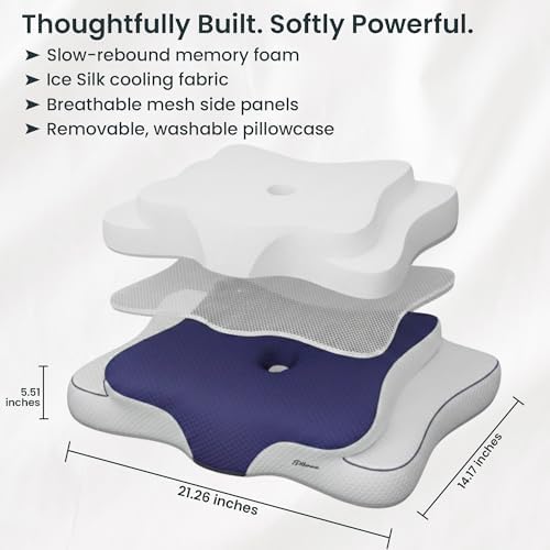 Cervical Neck Pillow for Sleeping – Cooling Memory Foam Cervical Pillow for Side Sleepers and Back Sleepers – Contour Ergonomic Neck Support (Dark Blue/White, Cooling)