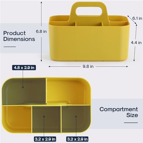 Multiuse Caddy Organizer with Handle, Portable Divided Plastic Tote Bin - Art Craft, Stationary Pen Marker Crayon, Makeup Hair Supplies Storage - Bathroom, Classroom, Dorm, Office, Desk Holder -Yellow