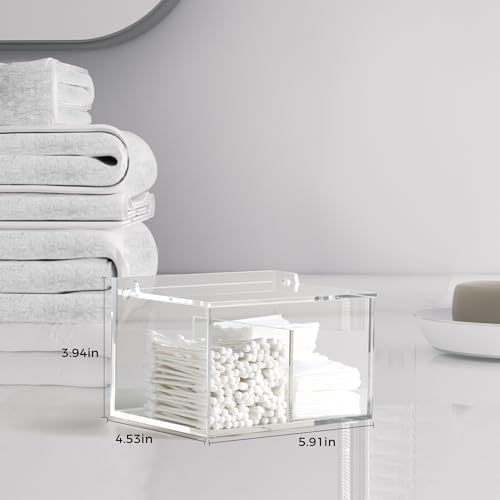 Clear Acrylic Cotton Swab Ball Holder Qtip Organizer with Lid 2-Grid Canister for Make Up Pads, Floss Picks, Vanity Storage,Bath Salts, Cosmetics, Home Bathroom Decor (DP004)