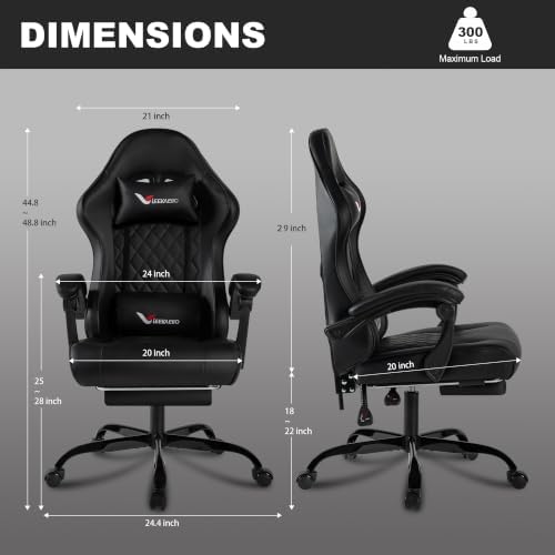 Black Gaming Chair for Adults with Independent Pocket Spring Cushion Seat, Ergonomic Office Chair with Footrest, Leather Executive Chair
