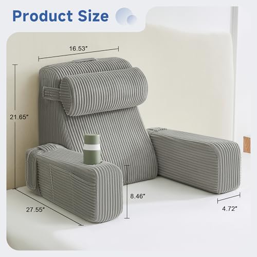 Reading Pillow for Bed, Back Pillow for Bed Sitting Up, Bed Pillows for Sitting Up with Adjustable Armrests, Cup Holder & Large Pocket, Backrest Cushion for Reading, Watching TV (Grey, 4PCS)