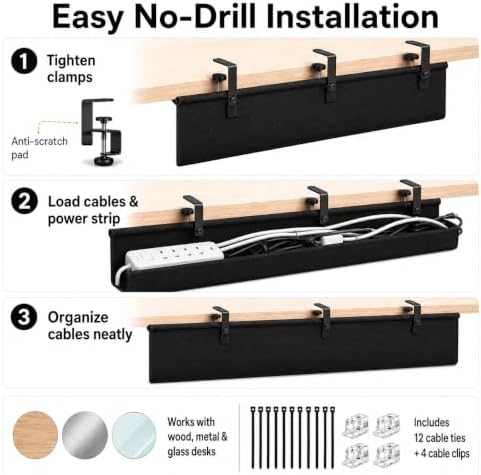 35.4-Inch Under Desk Cable Management Tray, No-Drill Clamp-On