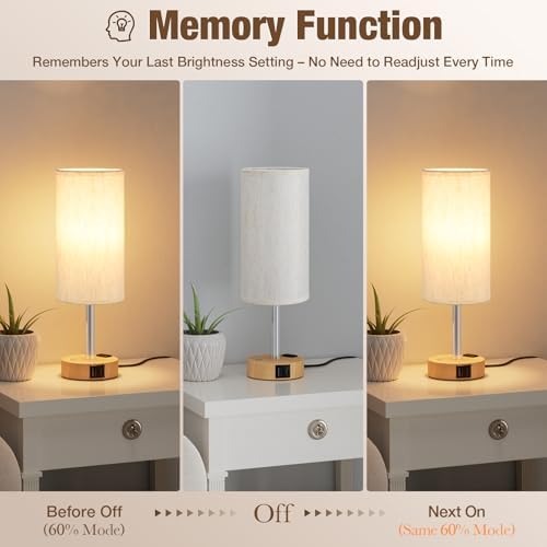 Touch Bedside Table Lamp for Bedroom, Stepless Dimmable, USB A+C, AC Outlet