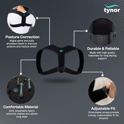 TYNOR Posture Corrector for Men & Women, Adjustable Upper Back Brace for Neck, Clavicle & Scoliosis, Breathable Hunchback & Back Corrector with Hook Loop Closure (Black, One Size), 1 Unit