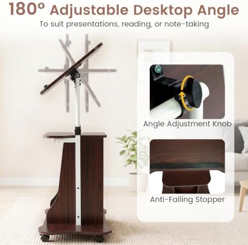 GIANTEX Mobile Podium Stand, Sit-to-Stand Laptop Cart (1 Pack,Brown)