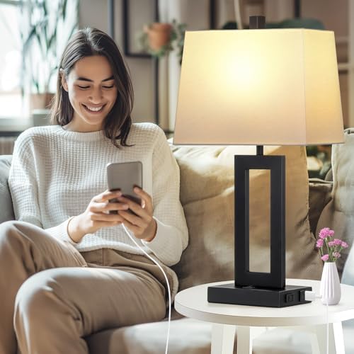 Cinkeda Black Bedside Table Lamp Set of 2,Nightstand Lamps with USB Ports