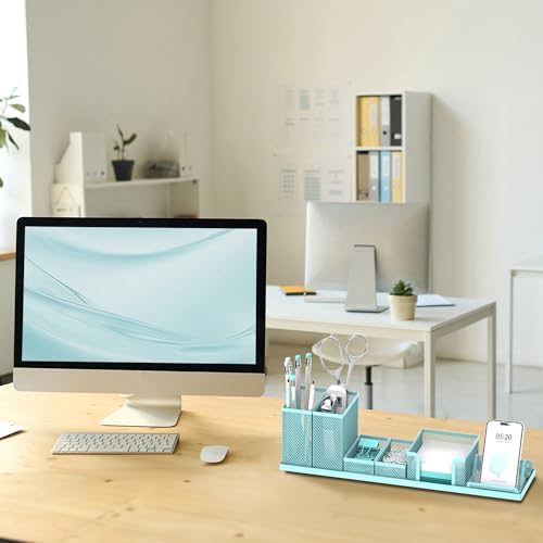 Pen Holder for Desk, 6-Piece Mesh Desk Organizer with Phone Holder, Blue