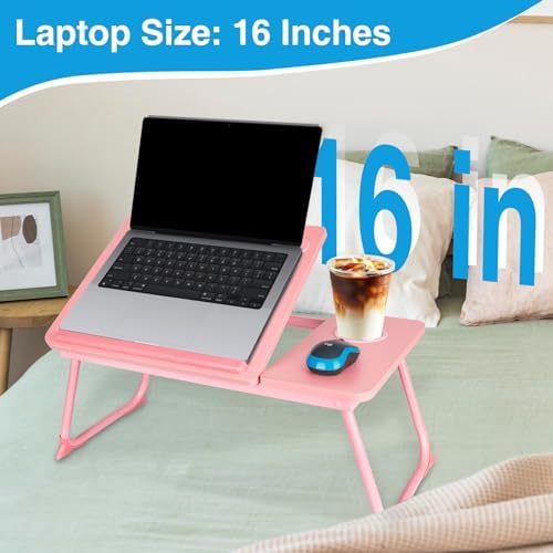 Laptop Bed Desk, Adjustable Lap Desk, Small Laptop Table with USB Charge Port, Desktop Card &Pen Slot, Cup Holder, Foldable Bed Tray Table for Couch Sofa Chair Floor Eating Working