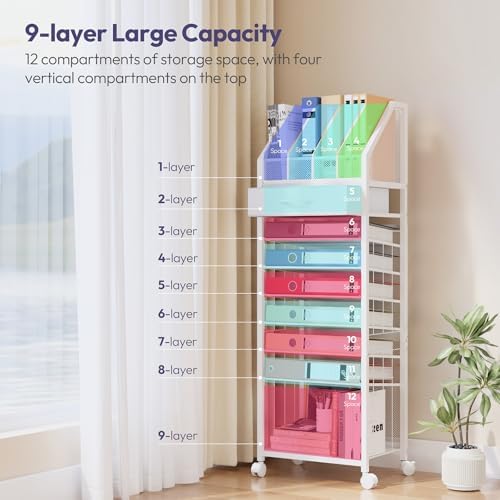 SWTYMIKI 9-Tier Rolling File Cart - Paper Organizer with Drawer and Trays, Wood Desk Office Organizer, Office Organization and Binder Storage for Workspace, Home, School, White