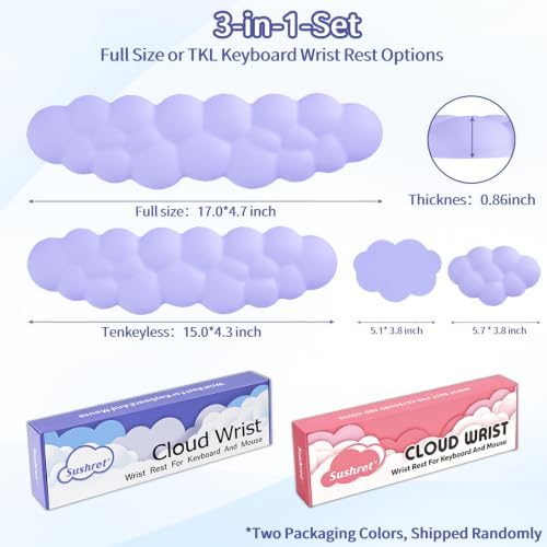 Sushret Cloud Wrist Rest Keyboard, Cloud Keyboard Wrist Pad Set with PU Leather Memory Foam, Cute Arm Rest for Palm Support, PC/Gaming Desk Accessories/Office Setup/Computer Hand Cushion - Purple