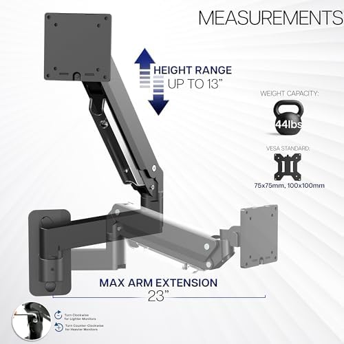 VIVO Premium Aluminum Heavy Duty Monitor Arm for Ultrawide Screens up to 49 inches and 44 lbs, Single Wall Mount, Pneumatic Height, Max VESA 100x100, Black, MOUNT-V101G1