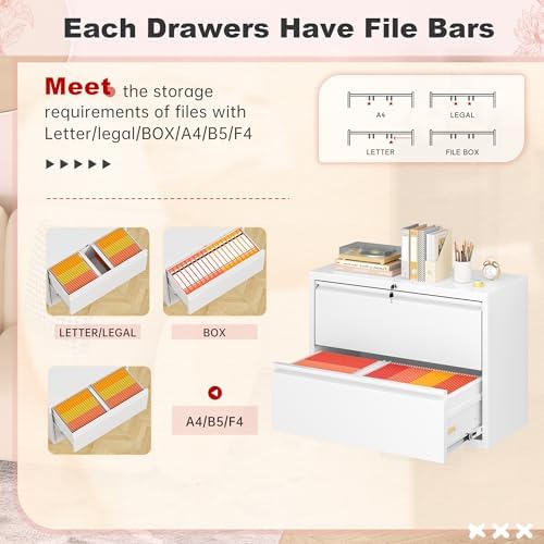 Superday Lateral File Cabinet 2 Drawer Metal File Cabinet with Lock, White Filing Cabinets for Home Office, Locking Filing Cabinets Hanging Files Letter/Legal/F4/A4
