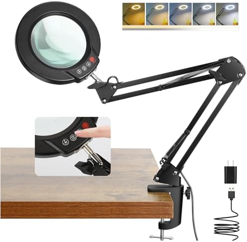 Coyeth 10X Magnifying Glass with Light and Clamp, Real Glass Stand Lighted Magnifier, 5 Color Modes Stepless Dimmable LED Desk Lamp Hands Free for Crafts Hobby Reading Painting Sewing Close Work