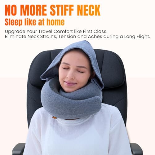 LOEXAIR™ Hooded Pro Travel Pillow - Memory Foam Neck Support Pillow for Airplane, Flight - Super-Soft Pure Cotton Fabric, Maximum Privacy & Light-Block Design, Lightweight Full Travel Kit - Light Grey