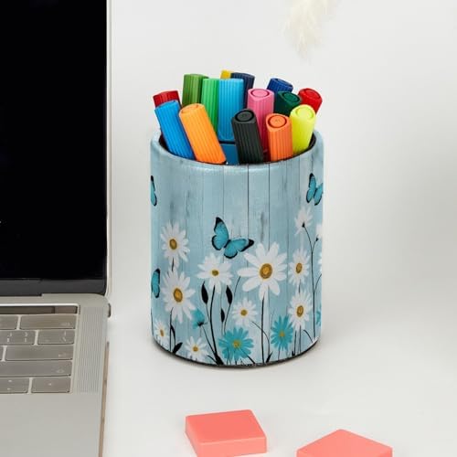 Daisy Floral Butterfly Rustic Plank Pen Holder Pencil Organizer Cute Pencil Cup Desk Decor Makeup Brush Holder PU Multifunctional Office Supplies for Home Classroom School