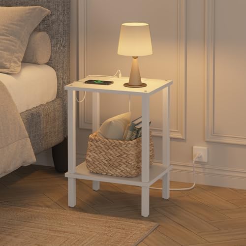 TUTOTAK End Table with Charging Station, Side Table, Nightstand