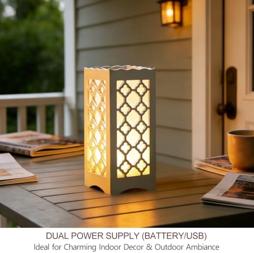 9" Tall LED Table Lamp with Flower Shaped Carving (Battery & USB Operated) - LED Desk Lamps Rechargeable with USB Charging Port - White Lamps Decorative Indoor Lights Lights