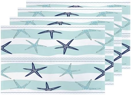 Shrahala Duotone Blue Nautical Starfish Placemats, Dark Blue Coastal Stripe Table Mat Linen Burlap Washable Double-Deck Heat Insulation for Dining Table Kitchen Table Set of 4 (12 x 18 inch)
