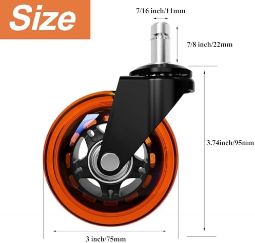 3" Office Chair Wheels, 11x22mm, Heavy Duty, Orange, Set of 5