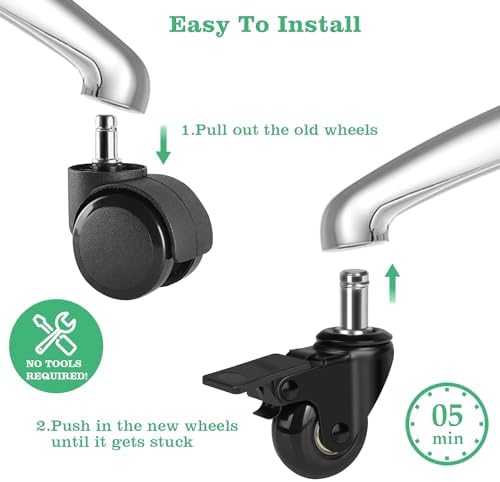 8T8 2" Office Chair Caster Wheels with Brakes Heavy Duty, Set of 5,Replacement Universal Rolling Chair Wheels for Hardwood Floors Carpet, Rubber Desk&Gaming Chair Casters with Locks