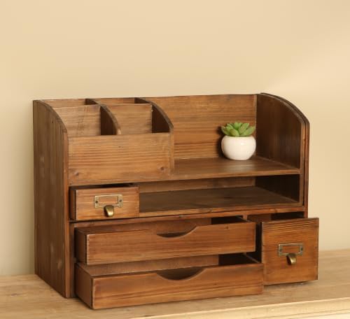 Rustic Brown Large Wooden Desk Organizer