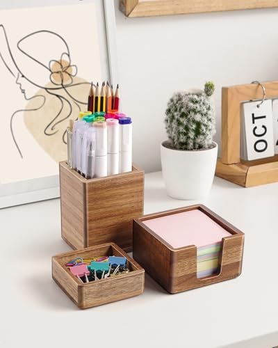 Acacia Wood Desk Organizer Set with Sticky Note Holder, Pencil Pen Cup & Paper Clip Storage, Office Desk Accessories for Marker Craft (Set of 3)