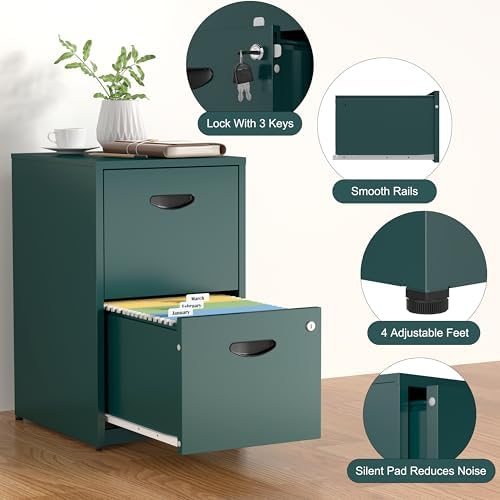 SteeLoong 2 Drawer File Cabinet,Metal Office File Cabinet with Lock,Green