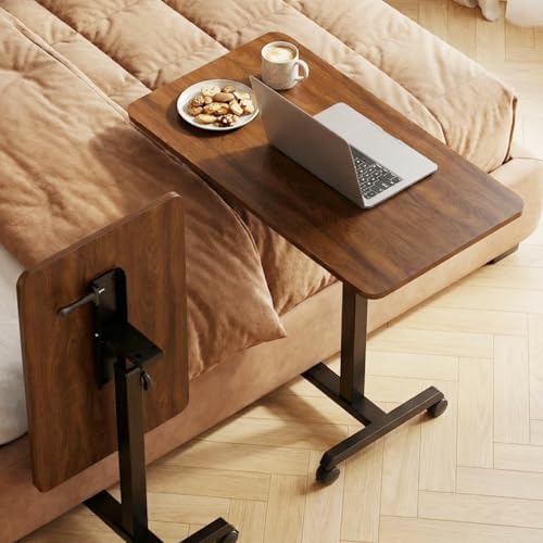 GTPLAYER Small Standing Desk, 24 Inches Foldable Mobile Rolling Laptop PC Table with Lockable Casters, Adjustable Height Overbed Bedside Table Computer Workstation for Home Office, Walnut-Foldable