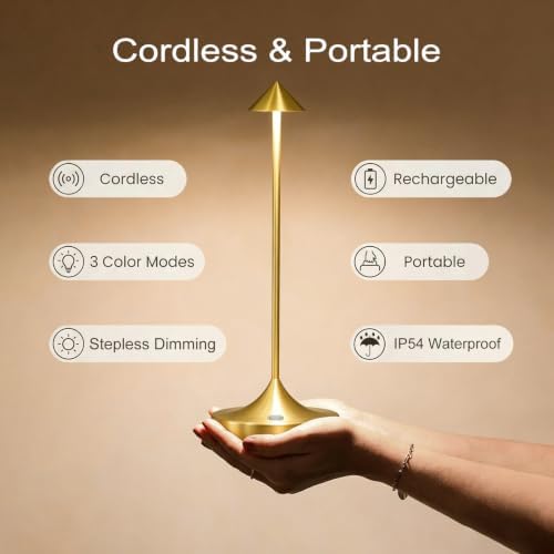 Cordless Rechargeable LED Table Lamp Set of 2, Gold