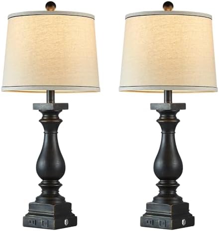 28" Tall Farmhouse Table Lamps with USB C+A Ports and AC Outlet, 3 Way Touch Control Rustic Bedside Lamps for Bedroom, Black Vintage Nightstand Lamps for Living Room Office